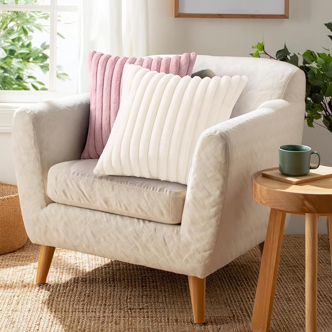 Pallene Faux Fur Plush Throw Pillow Covers 24x24 Set of 2, Luxury Soft Fluffy Striped Decorative Pillow Covers for Sofa, Couch, Living Room, Blush Pink