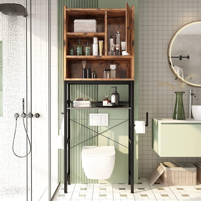 AWQM Over The Toilet Storage Cabinet, Bathroom Cabinet Organizer with Adjustable Shelf, Freestanding Space Saver Toilet Stands with Door, Paper Hook, Multifunctional Bathroom Toilet Rack, Rustic Brown