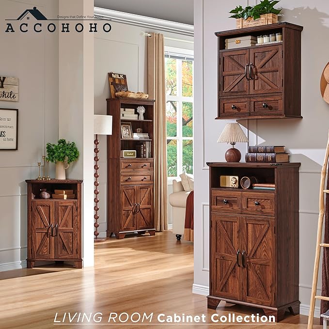 ACCOHOHO Bathroom Wall Cabinet, Farmhouse Medicine Cabinet, 24" Wide Cabinet with Drawer, Adjustable Shelf, Double Barn Doors, Storage Cabinet for Bathroom, Kitchen, Living Room, Brown