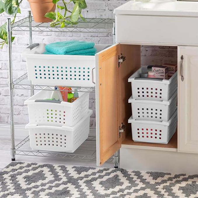 Sterilite Stackable Storage Bin and Organization Basket with Flip Down Accent Rails for Home and Household Organization, Medium, White (30 Pack)
