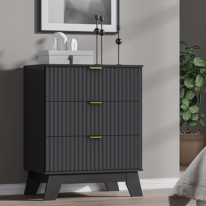 Fluted 3 Drawer Dresser, 30.3" Tall Compact Modern Boho Chest of Drawers, Wooden Storage Cabinet for Bedroom, Living Room, Entryway, Curved Profile Design