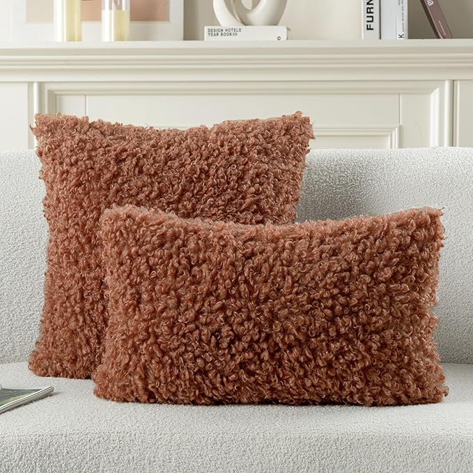 FUTEI Rust Decorative Throw Pillow Covers 18x18 Inch Set of 2,Soft Fluffy Faux Wool Fur Boucle Textured Cushion Case,Modern Home Decor for Couch Bed Living Room Office