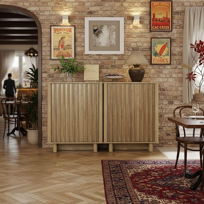 LukeAlon Fluted Sideboard Cabinet, Farmhouse Boho Accent Buffet Cabinet with Storage, 47" Wooden Credenza Hallway Cabinets for Living Room Dining Room Entryway, Natural Wood Color