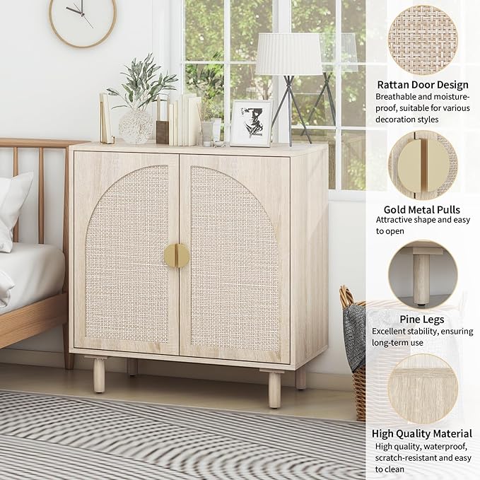 Beige Rattan Cabinet-2-Doors,Sideboard Buffet Cabinet with Storage-Accent Storage Cabinet with Cane Door, Boho Wood Credenza for Living Room, Kitchen,Dining Room or Office