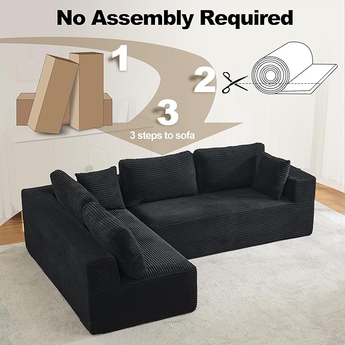 106" Cloud Modular Sectional Sofa Couch,L-Shape Modern Boneless Sectional Couch with Deep Seat,Upholstered Couches for Living Room Bedroom,No Assembly Required,Black