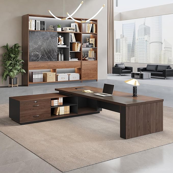 L-Shaped Executive Desk with LED Lights, Lockable Storage & 3-in-1 Charging Station, Reversible Cabinet, Modern Wood Office Desk for CEO, Manager & Home Office(Black Walnut+Khaki, 95"L*71"W*30"H)