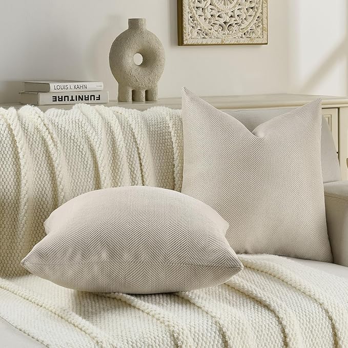 FUTEI Beige Chenille Throw Pillow Covers 20x20 Inch Set of 2,Soft Wide Chevron Textured Cushion Case,Farmhouse Home Decor for Couch Bed Living Room