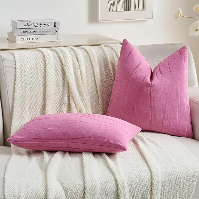FUTEI Hot Pink Chenille Decorative Throw Pillow Covers 20x20 Inch Set of 2,Soft Embossed Striped Textured Cushion Case,Modern Home Decor for Couch Bed Living Room