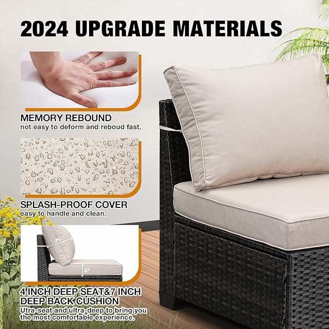 10 Pieces Patio Furniture Set All-Weather Outdoor Wicker Sectional Conversation Sofa Rattan Patio Seating Sofa with Cushion and Glass Table for Porch Poolside,Beige
