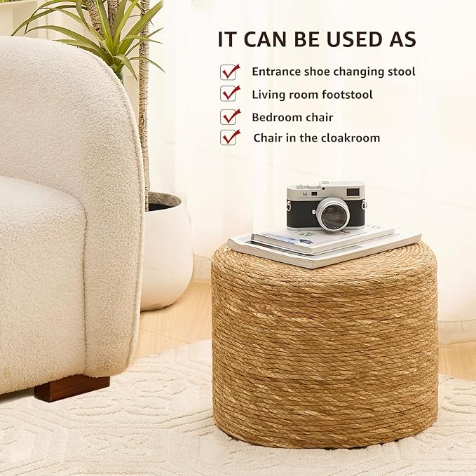 Wimarsbon Round Pouf Ottoman, Natural Hand Knitted Footrest Poof, Rustic Lounge Pouffe, Boho Pous Foot Stool, Accent Table or Seat (Natural Cattail, 15.7 * 15.7 * 11.8)