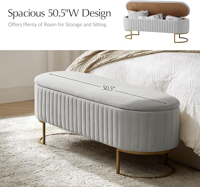EcoHarbor Living 50.5" Velvet Bedroom Storage Bench Ottoman, Upholstered End of Bed Bench with Gold Legs,Entryway Footrest Seat, Dove