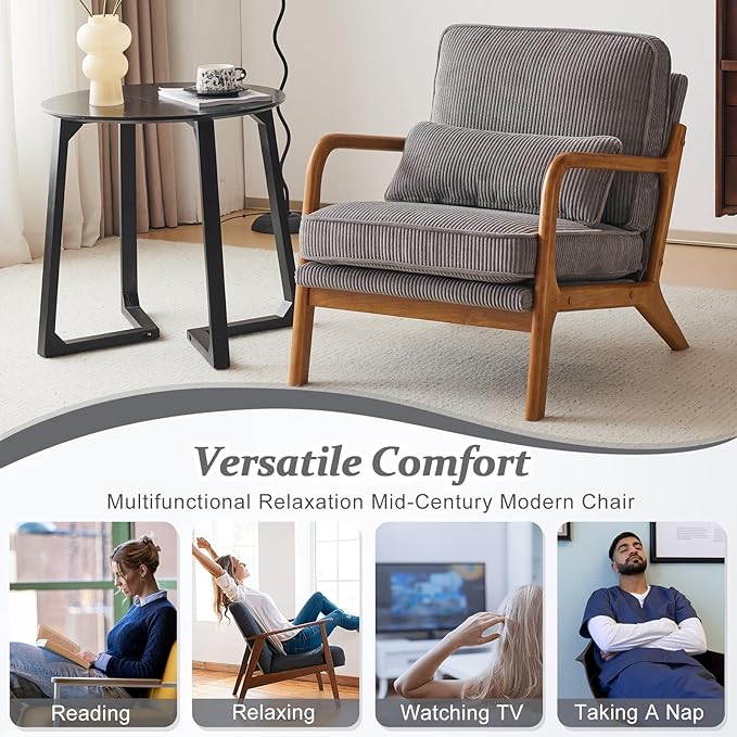 VINGLI Upgraded Premium Corduroy Accent Chairs Set of 2,Upholstered Arm Chair,Solid Wood Comfy Reading Chair with Lumbar Pillow, Mid Century Modern Chairs for Living Room,Bedroom,Light Grey