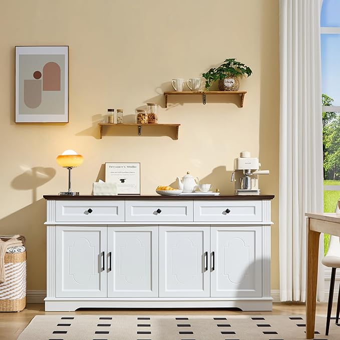 63" White Buffet Sideboard Cabinet with 4 Doors and 3 Drawers, Modern Farmhouse Kitchen Storage Cabinet, Coffee Bar Cabinet with Adjustable Shelves, Living Room Storage, Dining Room