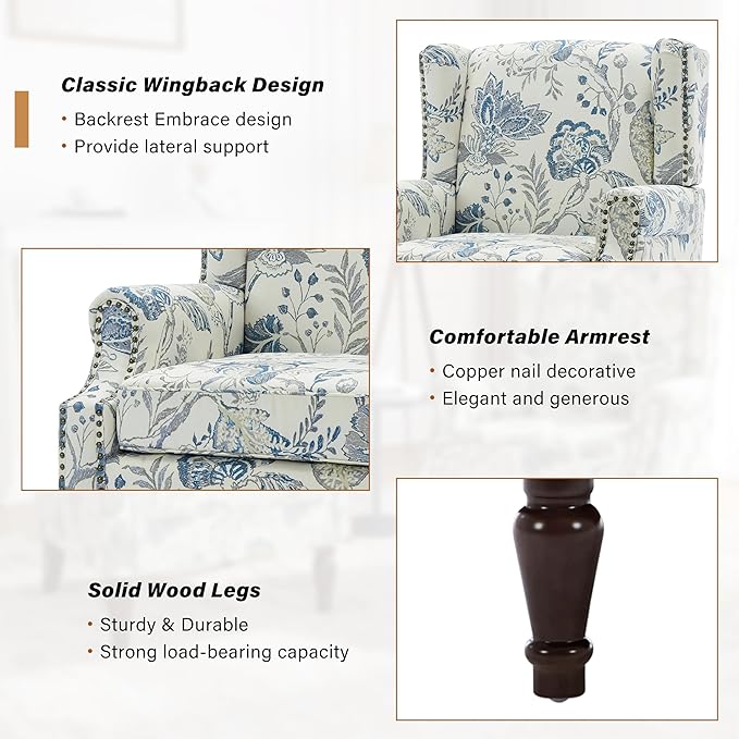Floral Wingback Accent Chair Set of 2, High Back Upholstered Armchair, Comfy Fabric Wingback Arms Chairs with Retro Solid Wood Legs, Single Sofa Reading Chair for Bedroom Living Room, Plants Blue
