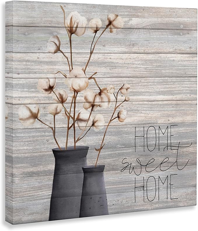 Stupell Industries Grey Sweet Home Cotton Flowers in Vase Canvas Wall Art, 30x30, Multicolor