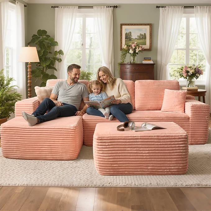 106" Cloud Sectional Couch with L-Shape Chaise & Ottoman, No Assembly Modular Sofa, Deep Seat Plush Corduroy Boneless Couched for Living Room (Pink Plush Corduroy, Left Facing Chaise with Ottoman)