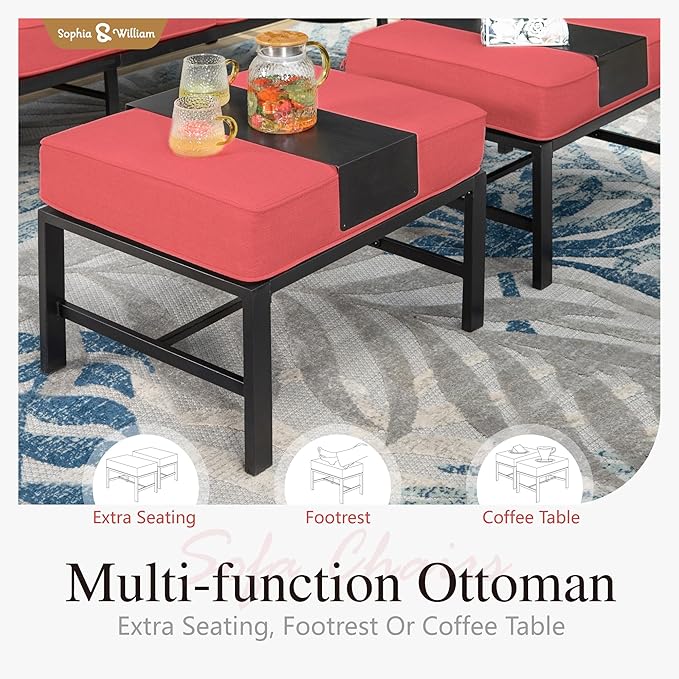 Sophia & William Patio Furniture Sets 5 Seats Outdoor Metal Conversation Sets 5 Pcs with 2 x Cushioned Swivel Sofa Chairs,1 x 3-Seat Sofa,2 x Ottomans for Coffee Lawn Backyard Poolside Red