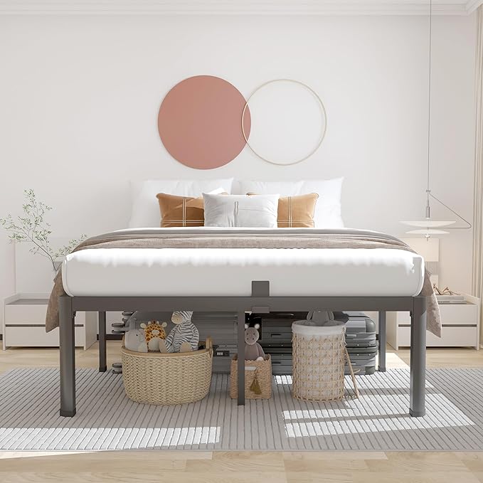 ROIL 12 inch Full Size Bed Frame with Headboard Hole and Round Corner Legs Mattress Retainers 3500LBS Heavy Duty Steel Slats No Box Spring Needed Platform Noise-Free Underneath Storage