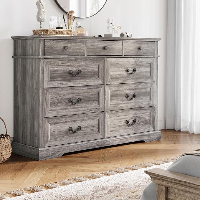 LINSY HOME Updated Dresser for Bedroom with 9 Drawers, Wide Chest of Drawers, Wooden Tall Bedroom Dresser, Storage Organizer for Closet, Living Room, Hallway, Grey