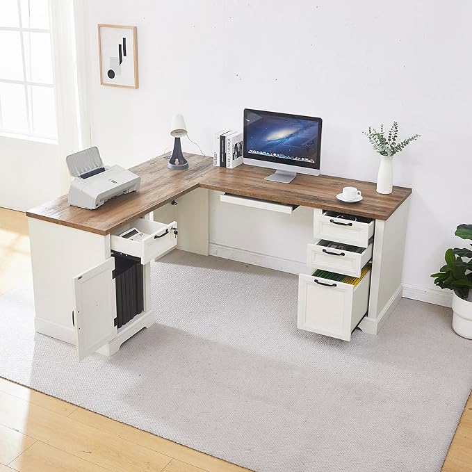 L-Shaped Executive Desk with Keyboard Tray, 69” Farmhouse Corner Desk with Lockable Drawers, Adjustable File Cabinet & Built-in Charging Station, Rustic Home Office Desk (69")