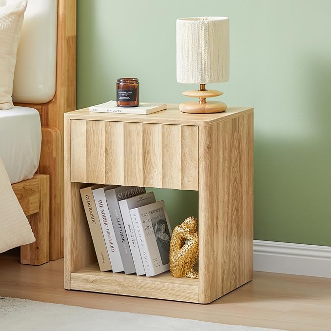Fluted Dresser, Small Nightstands Set of 2, Natural Bedside Table with Drawer and Storage, Mid Century Modern Side Table for Bedroom Living Room Sofa