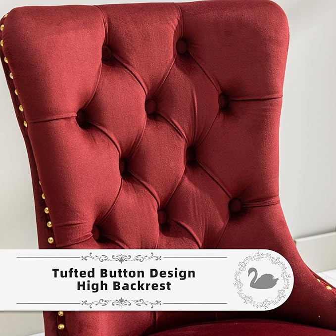 Velvet Upholstered Dining Chairs Set of 8, Modern Style Kitchen Side Chairs with Nailhead Trim and Gold Plated Leg, Metal Pulling Ring for Dining Room Living Room(Wine Red-Gold Plated Leg)