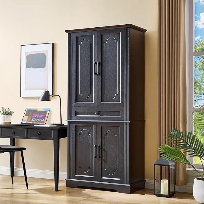 71" Black Tall Pantry Cabinet with Drawer and Adjustable Shelves, Modern Storage Cabinet with Doors, Kitchen Buffet Cabinet, Food Pantry Storage Cabinet, Coffee Bar, Living Room and Dining Room