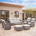 Swivel Patio Chairs sofa Set of 9 with 6" Thick Cushion - Wicker Outdoor Swivel Rocker Patio Chair ,Sofa/Glass coffee table, High Back Comfortable Outdoor Glider Chairs -Brown Wicker | Beige Cushions