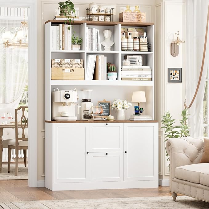 HIFIT 72'' Tall File Bookcase with Power Outlet & Printer Stand, 2 Drawer Filing Cabinets for Home Office Fit Hanging A4 File, Storage Cabinet w/ 3 Tier Open Book Shelf & Doors for Living Room, White