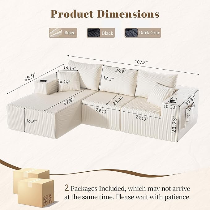 107" Cloud Sectional Couch, Modular Sectional Sofa with L-Shape Chaise, Corduroy Boneless Couch with Deep Seat, Upholstered Sofa for Living Room, No Assembly Required(Left-Facing Chaise, White)