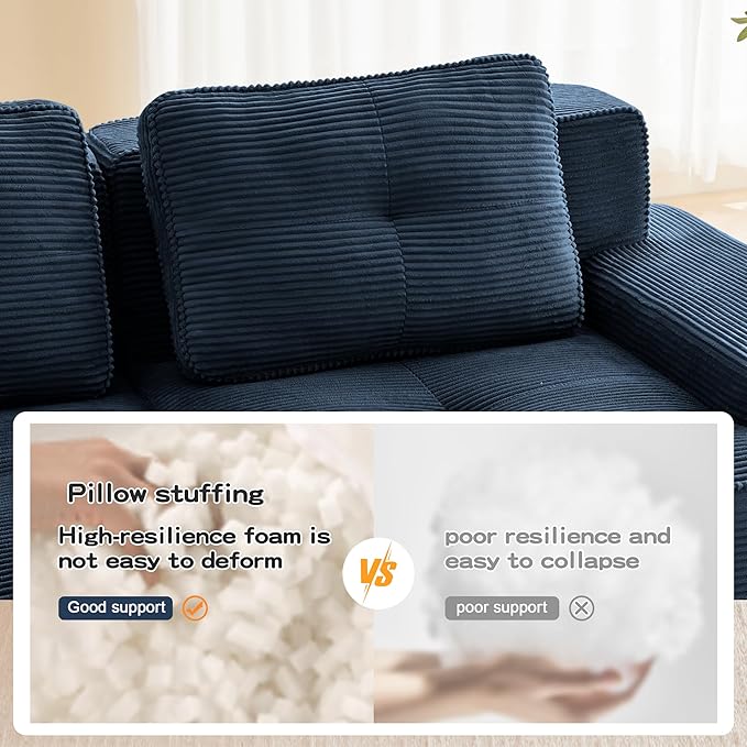 80.3” Blue Boneless Couches for Living Room, Modular Sectional Sofa with L-Shape Chaise, 2 Seater Comfy Upholstered Loveseat Deep Seat Corduroy Fabric Cloud Couch No Assembly, Anti-Slip Design