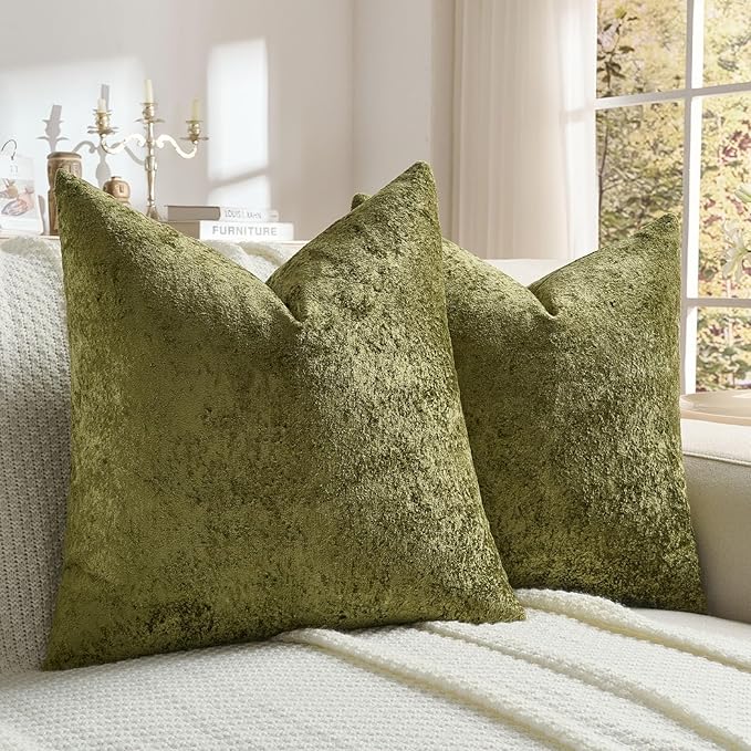 FUTEI Moss Green Flannel Throw Pillow Covers 24x24 Inch Set of 2,Soft Dimensional Textured European Cushion Cases,Modern Home Decor for Couch Living Room