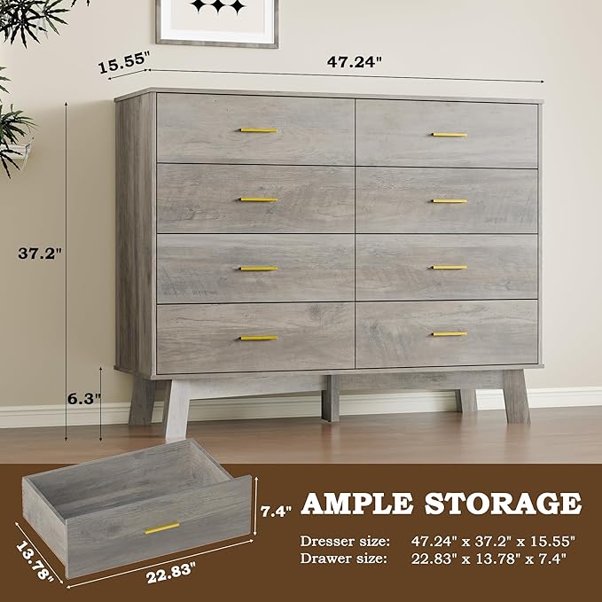Dresser for Bedroom with 8-Drawer, 37" Tall Modern Chest of Drawers with Metal Handles, X-Shape Base & Adjustable Center Leg, Anti-Tip Closet Organizers and Storage
