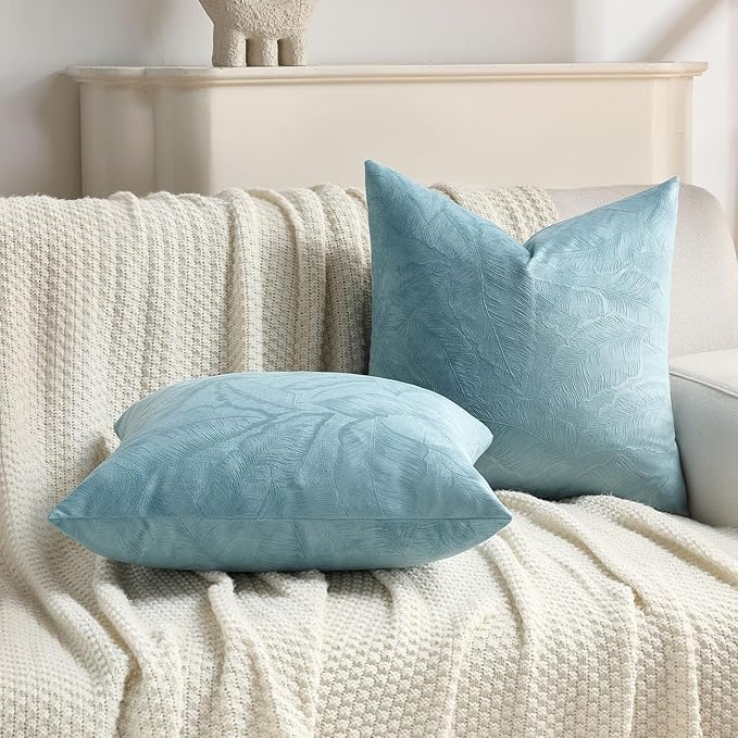 FUTEI Grey Blue Velvet Throw Pillow Covers 18x18 Inch Set of 2,Soft Embossed Leaf-Relief Textured Cushion Cases,Natural Home Decor for Couch Living Room