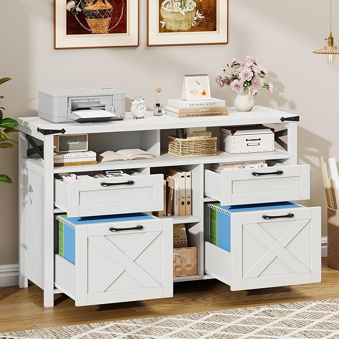 Filing Organization Storage Cabinets 4 Drawer with Adjustable Shelf, Lateral Filing Cabinet with Open Storage Shelf for Home Office, Farmhouse File Cabinets for Hanging Files Letter/A4.(White)