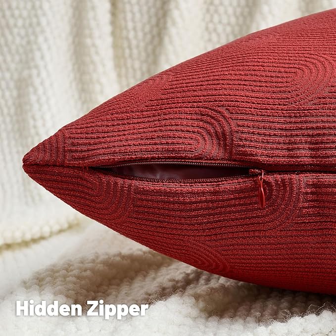 FUTEI Christmas Red Chenille Decorative Throw Pillow Covers 22x22 Inch Set of 2,Soft Cozy Striped Geometric Patterns Cushion Cases,Modern Home Decor for Couch Bed Living Room