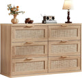 LEYAOYAO Rattan 6 Drawer Dresser for Bedroom, Boho 48" Wide Natural Wood Dresser Chest of Drawers, Dressers TV Stand with Metal Handle, Storage Dressers Closet Organizer for Living Room, Hallway
