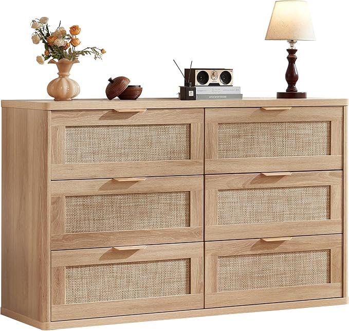 LEYAOYAO Rattan 6 Drawer Dresser for Bedroom, Boho 48" Wide Natural Wood Dresser Chest of Drawers, Dressers TV Stand with Metal Handle, Storage Dressers Closet Organizer for Living Room, Hallway