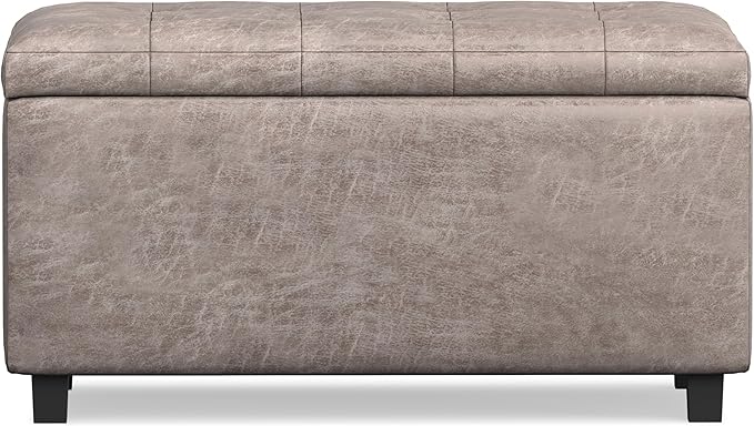 SIMPLIHOME Cosmopolitan Storage Ottoman - 34 inch Wide Upholstered Vegan Leather Rectangle Storage Ottoman Bench in Distressed Grey Taupe, Transitional Tufted Ottoman for Living Room with Lift-Up Lid