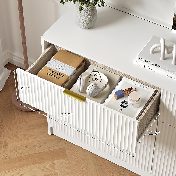6 Drawers Fluted Dresser for Bedroom, 55" Wide Wooden Dresser with Deep Drawers, Large Floor Chest of Drawers, Modern Long TV Stand, Storage Cabinet Side Table, White