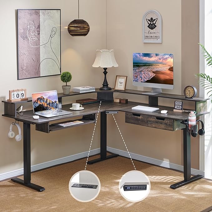 RedLemon 60 Inches L Shaped Electric Standing Desk,Height Adjustable Corner Gaming Desk with Drawers, Keyboard Tray, Power Outlets & LED Lights, Computer Desk with Monitor Shelf, Dark Rustic Oak