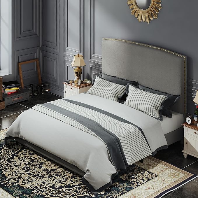 Queen Size Upholstered Platform Bed Frame with 56" Headboard, Soft Boucle Fabric, Mid-Century Modern Design, No Box Spring Required, Easy Assembly, Grey