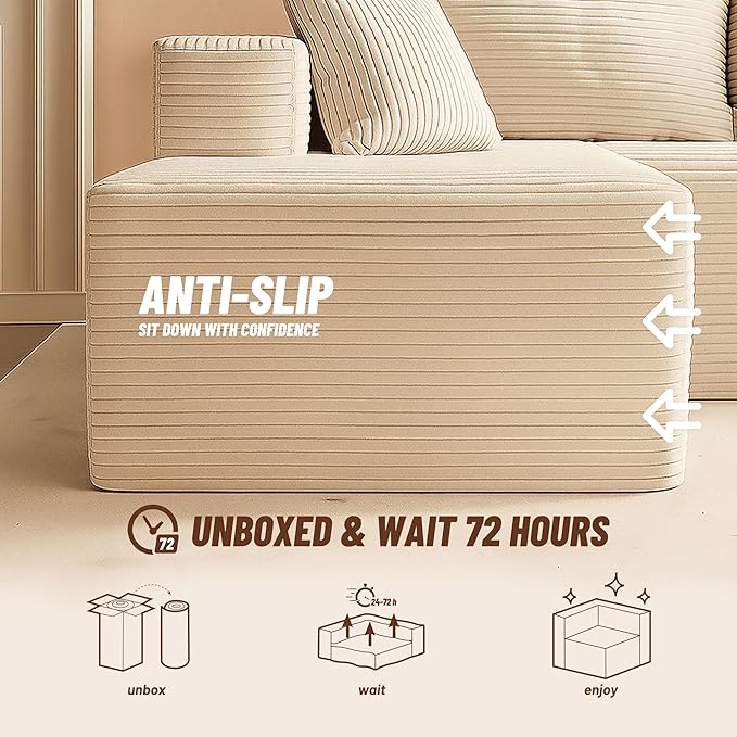 107" Boneless Couch with Deep Seat, Modular Sectional Sofa, Cloud Sectional Couch for Living Room, No Assembly Required, Corduroy, U-Shape 3 Seater Left, Camel