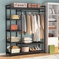 LITTLE TREE Free Standing Wood Closet Clothes Rack,Heavy Duty Grament Rack with Shelves,Hanging Racks for Clothes Clothing Rack for Bedrom,Wardrobe Closet Organizer,350 lb Capacity,Black
