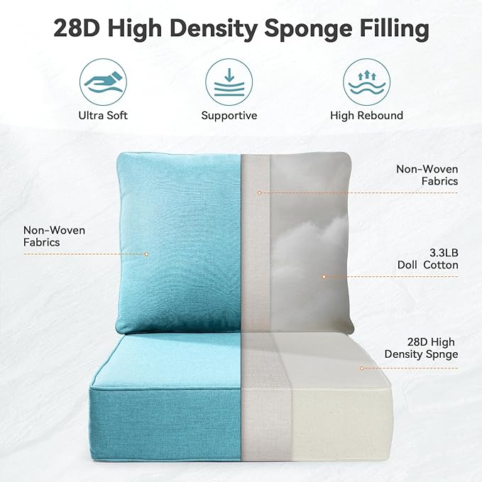 Luxury 6" Outdoor Cushions for Patio Furniture, 24x24x6" Thick Seat Cushion Set of 6, Fade Resistant Couch Chair Replacement Cushions High Density Deep Wicker Chair Cushion w/ Removable Cover, Teal