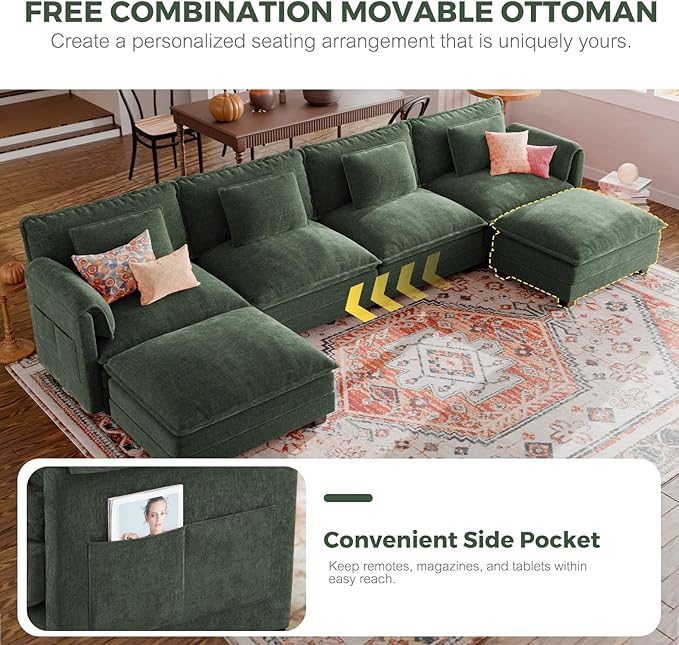 ELUCHANG 153" Oversized Modular Sectional Sofa, Comfy Deep Seat Cloud Couch, 6 Seater U Shaped Modern Sofa with Removable Cover for Living Room, Apartment, DIY Combination, Chenille Olive Green