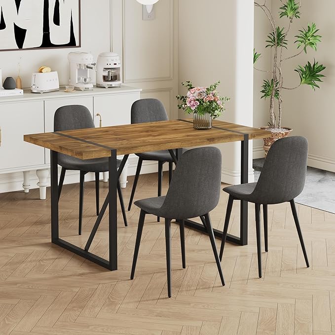 55'' Dining Table for 4-6, Wood Kitchen Table with Metal Legs, Dinner Table for 4-6 for Home Dining Room Living Room