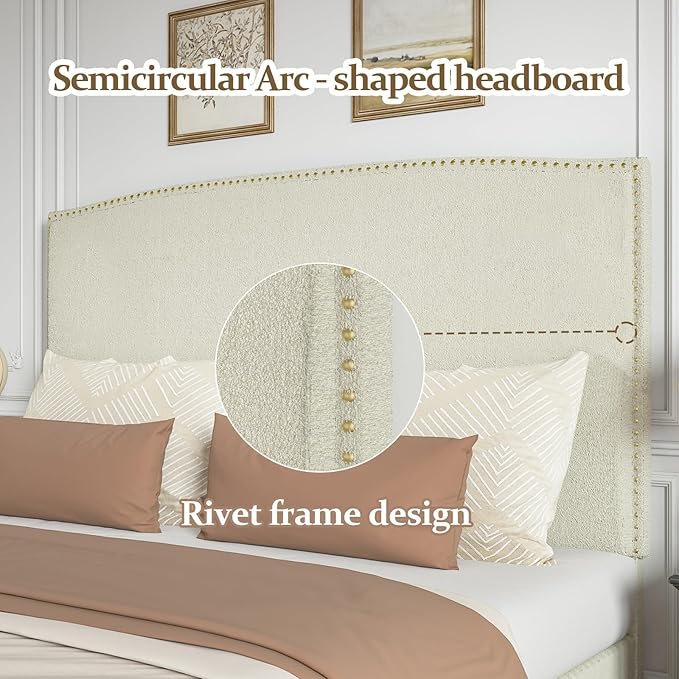 Queen Size Bed Frame with Headboard, 56" Upholstered Platform Bed with Nailhead Trim, Soft Boucle Fabric, No Box Spring Needed, Easy Assembly, Cream