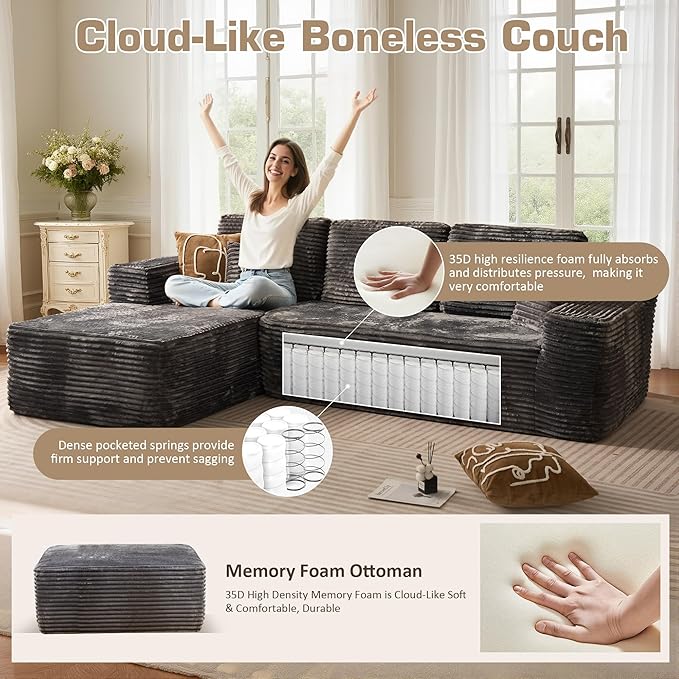 106" Cloud Sectional Couch with L-Shape Chaise & Ottoman, No Assembly Modular Sofa, Deep Seat Plush Corduroy Boneless Couched for Living Room (Gray Plush Corduroy, Left Facing Chaise with Ottoman)