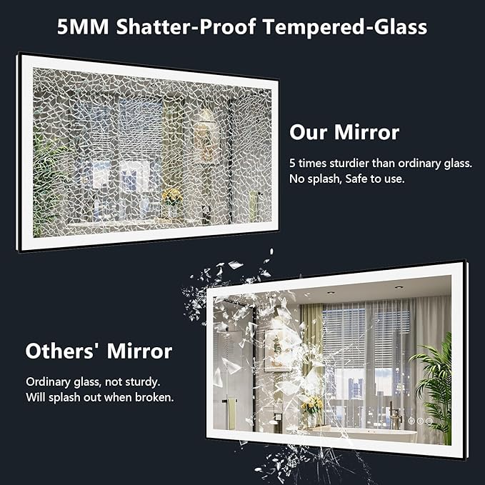 55x30 Inch LED Bathroom Mirror with Lights (Front Lit and Backlit) Black Framed Lighted Vanity Mirror for Bathroom Wall Dimmable Anti-Fog Memory Tempered Glass Horizontal/Vertical